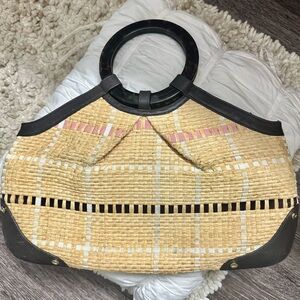 Elaine Turner Women Medium Size Canvas Straw Handbag Round Tortoise Shell handle